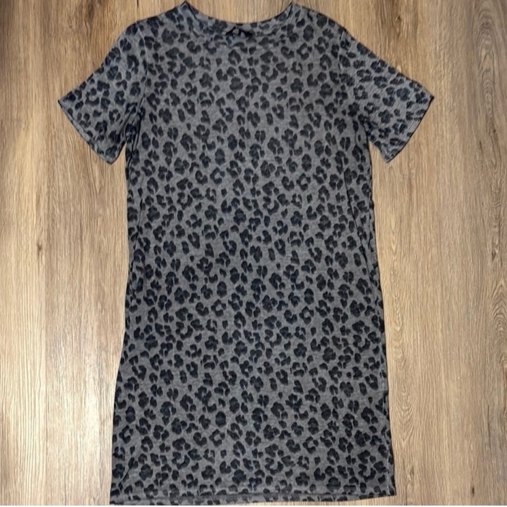 Lucky Brand Black Grey Leopard Print Mini Short Sleeve Tee Shirt Dress NWOT